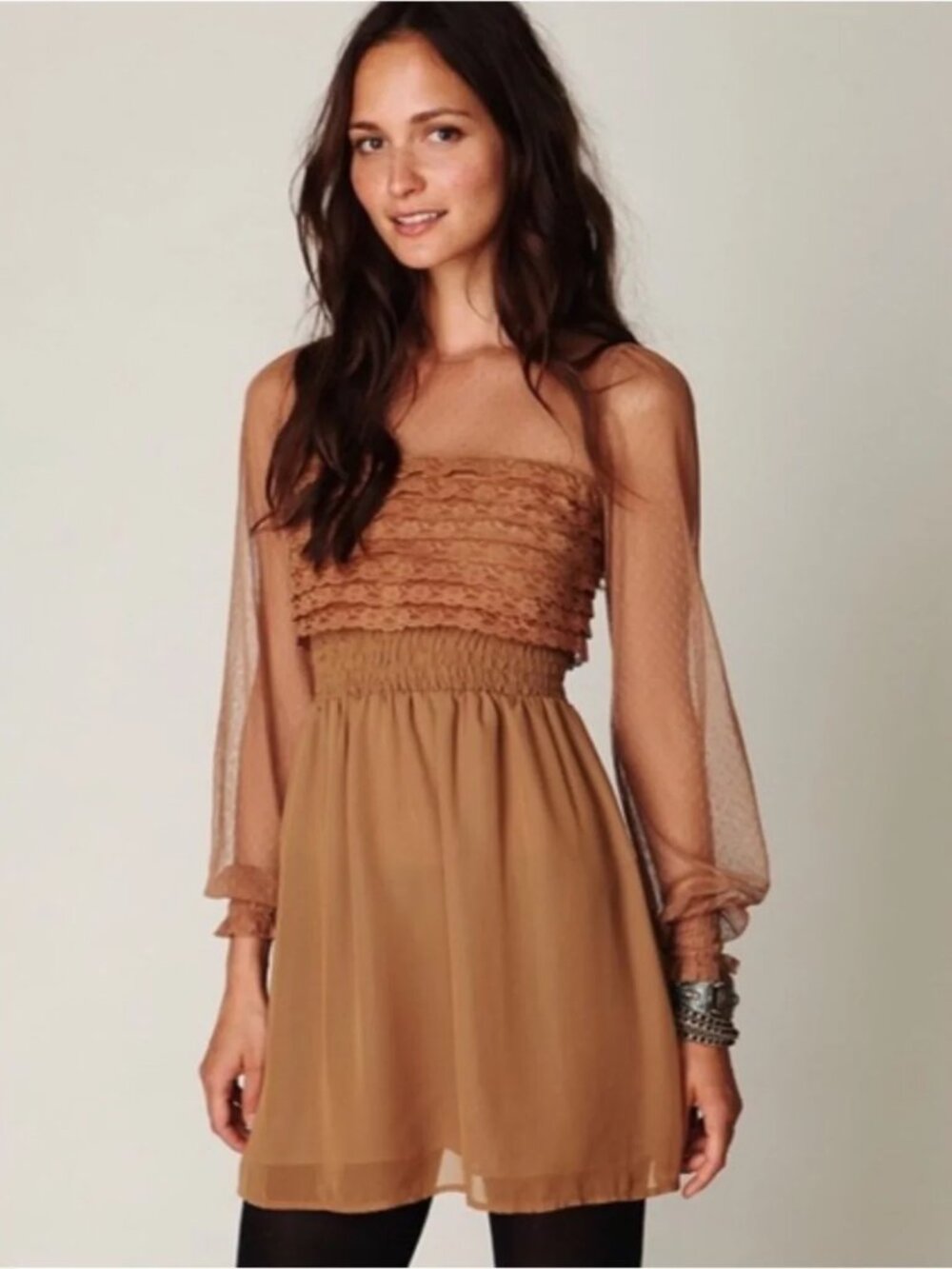 Free People Sheer Lace Bodice Long Sleeve Mini Dress in Camel - Picture 1 of 11